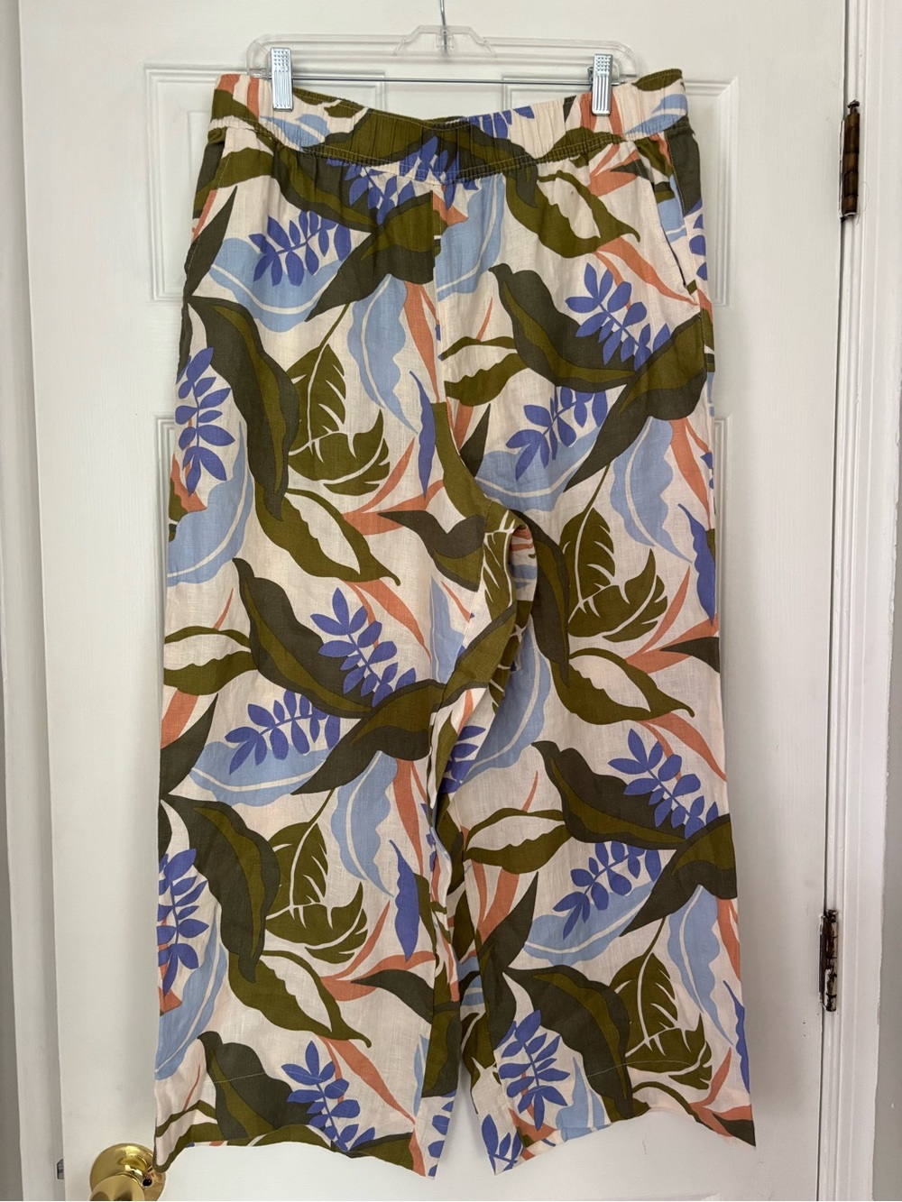 Linen Tropical Leaf Print Wide Leg Pants